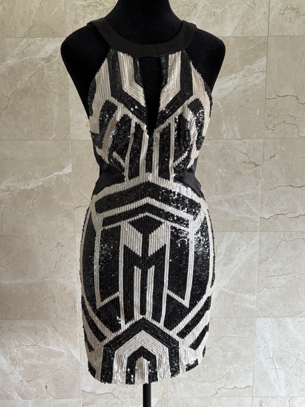 Vintage Y2K Bebe Geo Sequin Cutout Mini Dress - Small Black Cream Party Clubwear